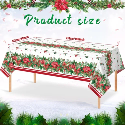 Miniatura 2 de 3 manteles navideños de acebo y flor de pascua, manteles desechables rectangulares de plástico con diseño de bayas de acebo y listón rojo, cubiertas