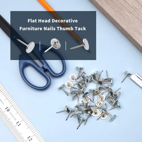 Miniatura 2 de 100 tachuelas de tapicería de cabeza plana, decoración de muebles para el hogar, clavos de tapicería, tachuelas para pulgar, tono plateado