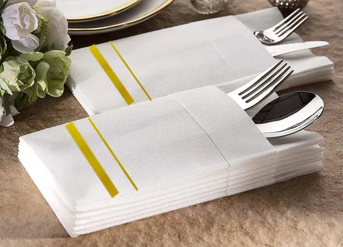Miniatura 4 de Servilletas desechables de cena de tela con bolsillo incorporado para cubiertos, servilletas de boda de lino de aspecto blanco y dorado, preplegadas