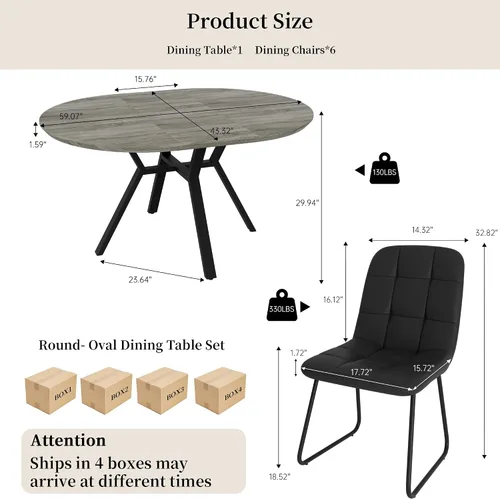 Miniatura 2 de HIPIHOM Juego de mesa de comedor redonda extensible para 6 personas, mesa de cocina extensible de 43.3 a 59.1 pulgadas con 6 sillas tapizadas, Mesa