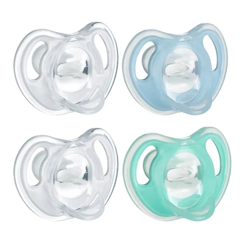 Tommee Tippee - Chupete de silicona ultra ligero, 0-6 meses, diseño simétrico de una pieza, chupones sin BPA, color transparente/azul/verde, paquete