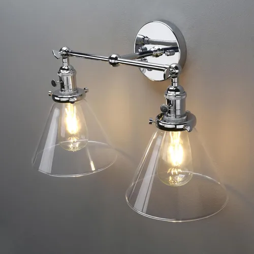 Miniatura 5 de PERMO Aplique doble cromado industrial de 2 luces, apliques de pared con pantalla de vidrio transparente acampanada en forma de embudo, luz