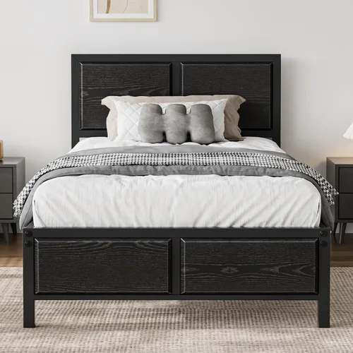 VECELO Marco de cama individual, camas de plataforma de metal con cabecera de madera rústica grande, soporte de listones de metal, sin ruidos/fácil