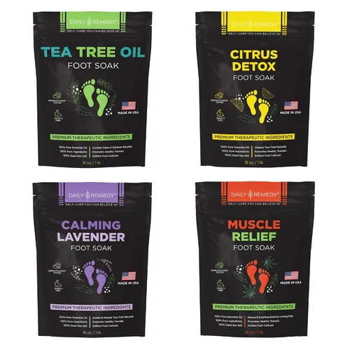 DAILY REMEDY Sales de remojo para pies, paquete variado de 4 unidades, aceite de árbol de té, alivio muscular, lavanda calmante y remojo de
