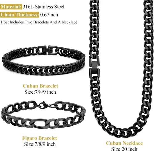 Miniatura 2 de Collar de pulsera Figaro de eslabones cubanos de 3 piezas, plata dorada y negra, resistente acero inoxidable 316L, cadena Figaro de eslabones