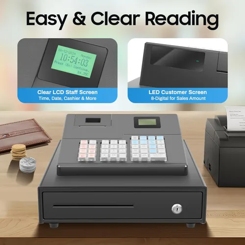 Miniatura 4 de Caja registradora pequeña de 39 llaves electrónica con cajón, caja registradora sin llave, impresión térmica rápida y silenciosa, pantalla de doble