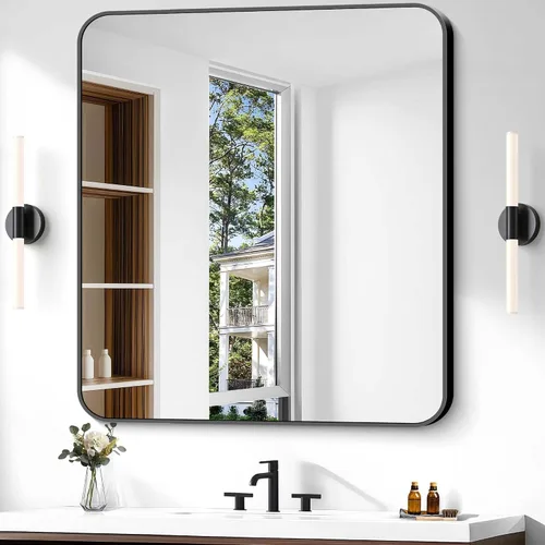 Espejo de baño de 40 x 36 pulgadas, espejo rectangular de pared negro con marco de metal, espejo de tocador rectangular con esquinas redondeadas,