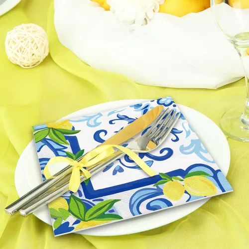 Miniatura 7 de JarThenaAMCS 80 servilletas de papel de limón de azulejos cian-azul amarillo servilletas de almuerzo acuarela limón desechables servilletas de cena