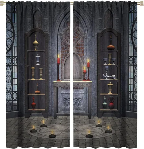 Miniatura 18 de Cortinas góticas con diseño de luna de Halloween, historia, puerta espeluznante, fondo de terror, vela, ficción, patrón de impresión, sala de estar