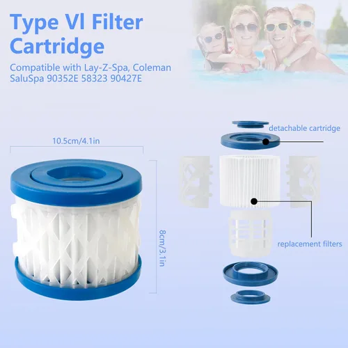Miniatura 2 de Paquete de 8 cartuchos de repuesto de filtro de spa y bañera de hidromasaje tipo VI para Lay-Z-Spa, Coleman SaluSpa 90352E 58323 90427E, cartucho
