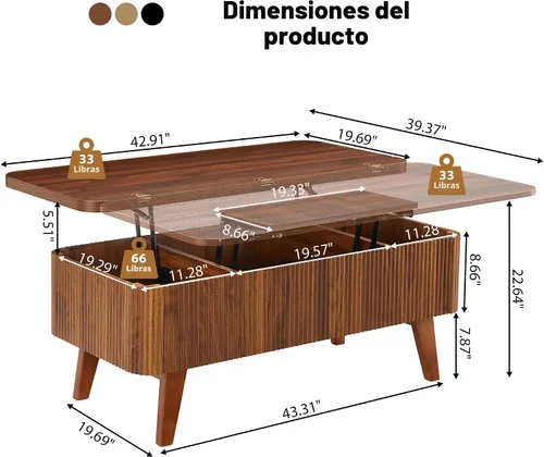 Miniatura 2 de Mesa de centro elevable 3 en 1, mesas de centro convertibles acanaladas que se convierten en mesas de comedor, moderna mesa central de madera Nuez 3