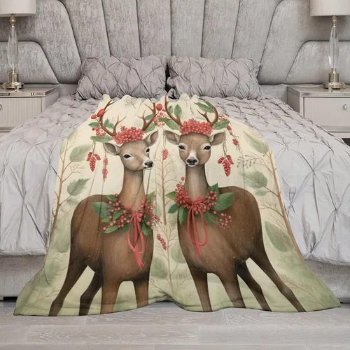 Miniatura 6 de Elegante manta de Navidad con diseño de ciervos y bayas rojas y verdes, diseño de renos de invierno, con diseño de ciervos y bayas rojas, manta