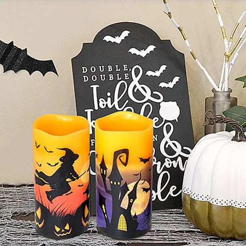 Miniatura 6 de Eldnacele Velas LED sin llama parpadeantes de Halloween, funcionan con pilas, con temporizador de 6H, calcomanías de calavera, telaraña, cuervo