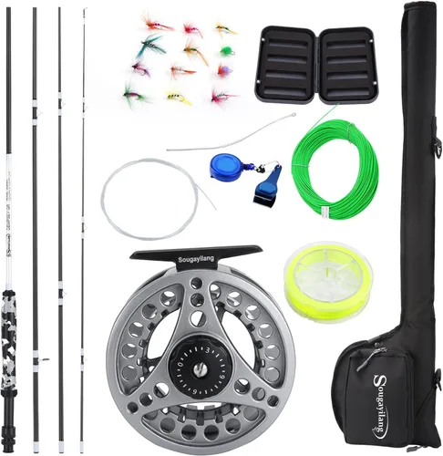 Sougayilang Kit Combo de Iniciación de Pesca con Mosca Estándar, Caña de Mosca de 9 Pies Peso 5/6 con Mango SuperPolymer, Accesorios, Estuche de