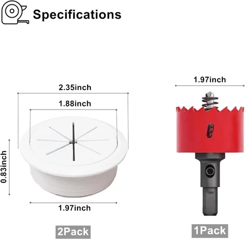 Miniatura 2 de Paquete de 2 ocultadores de cables de TV para pared, agujero de 1.97 pulgadas (50mm), kit de gestión de cables en pared, incluye 2 pasacables y 1