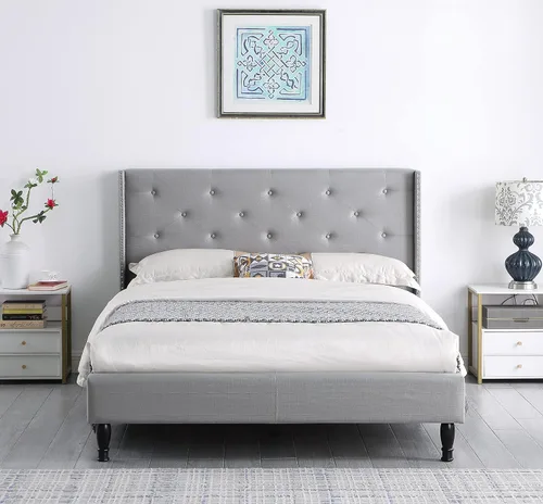 Miniatura 9 de Base de cama de plataforma tapizada Queen con cabecera de 45 pulgadas y base ajustable, cama de lino con botones copetudos, soporte de listones