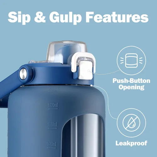 Miniatura 2 de Botella de agua de vidrio de 72 onzas con popote 2 en 1 y tapa de chug, botella de vidrio motivacional grande con marcador de capacidad y funda