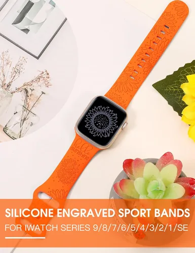 Miniatura 6 de TOYOUTHS Correa de silicona con grabado de girasol compatible con correas de Apple Watch de 1.654, 1.614, 1.575 y 1.496 pulgadas para mujer, diseño