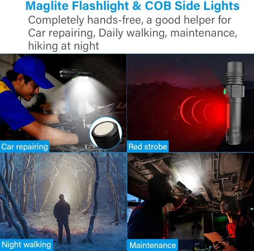 Miniatura 2 de Linterna recargable por USB, linternas magnéticas LED, linternas tácticas súper brillantes con luz lateral mazorca, impermeable, zoomable, 6 modos