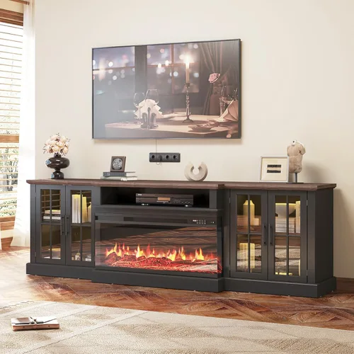Miniatura 12 de Mueble de TV de estilo granja de 98" con chimenea de 36" para televisores de hasta 100", centro de entretenimiento multimedia con estantes Blanco