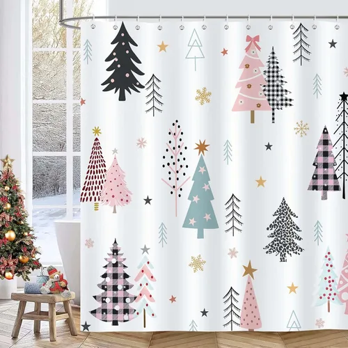 Miniatura 9 de Bonhause Cortina de ducha de árbol de Navidad, árbol de Navidad verde y rojo con copos de nieve, decoración de baño de vacaciones de invierno, 72 x