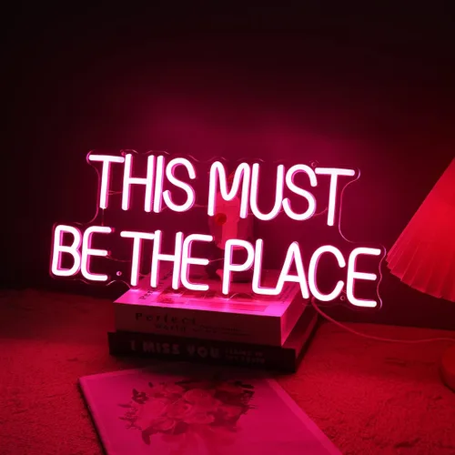 Miniatura 3 de Britrio Letrero de neón con texto en inglés «This Must Be The Place» para decoración de pared de dormitorio, letrero luminoso de luz de neón