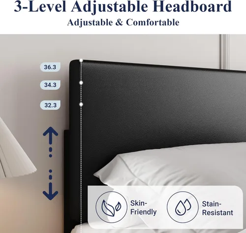 Miniatura 4 de Allewie Base de cama Queen con cabecera ajustable, plataforma de piel sintética con listones de madera, base de colchón resistente, no necesita
