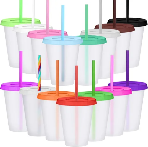 Miniatura 15 de Sieral Paquete de 60 vasos con tapas y pajillas, vasos para niños con pajilla, botella de agua reutilizable, taza de viaje para café helado, vasos