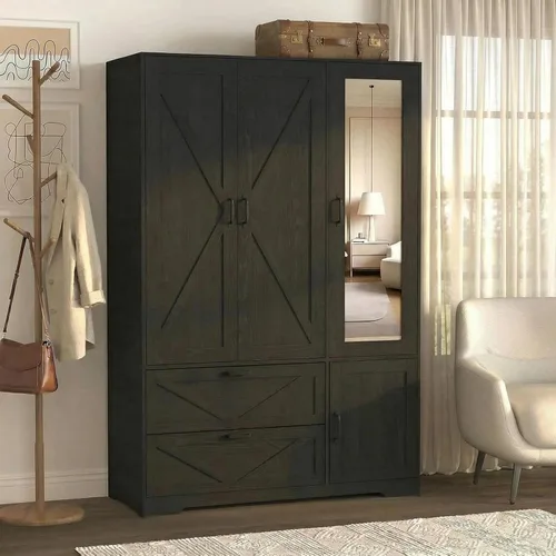 Miniatura 8 de Armario de 3 puertas con puerta de espejo y luces LED, armario de dormitorio con cajones, armario independiente de gran capacidad con barra