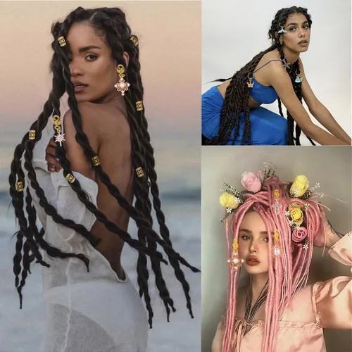 Miniatura 6 de Leeven 173 piezas de joyería de rastas de rastas de cristal, joyería dorada para el cabello para trenzas, rastas para el cabello, dijes para rastas