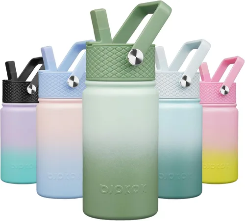 Miniatura 68 de BJPKPK Botella de agua aislada con tapa con pajilla, bonitas botellas de agua de 15 onzas, termo de metal de acero inoxidable, vasos reutilizables