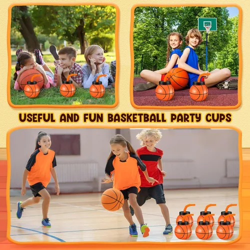 Miniatura 5 de Nuanchu 12 juegos de tazas de baloncesto de 14 onzas con pajitas y tapas, regalos de fiesta de baloncesto de plástico a granel reutilizables