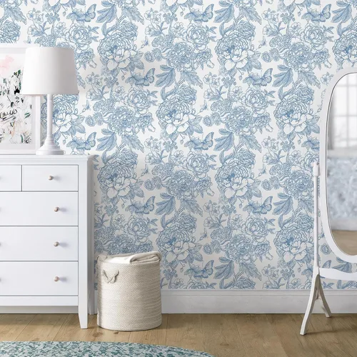 Miniatura 8 de Safiyya Papel tapiz floral para despegar y pegar, papel de contacto azul y blanco, papel tapiz bohemio para dormitorio, papel de pared de peonía