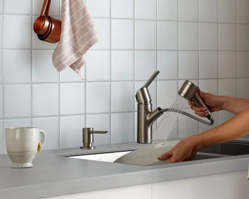 Miniatura 10 de Moen Sombra Spot Resist 87701SRS - Grifo de cocina con rociador extraíble de una sola manija de acero inoxidable con dispensador de jabón y limpieza