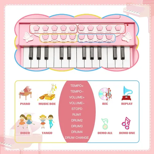 Miniatura 5 de Love & Mini - Piano/teclado de juguete para niños de 3 a 5 años como regalo de cumpleaños, con 24 teclas, color rosa; instrumento musical de juguete
