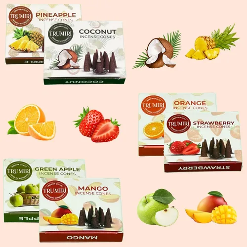 Miniatura 8 de Trumiri Conos de Incienso Frutales - Paquete de Variedad - Total 60 Conos de Incienso (6 Aromas x 10 Conos) - Fresa, Coco, Piña, Manzana, Mango