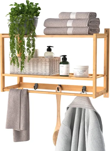 Miniatura 9 de ClosetMaid Estante de pared de bambú con toallero, estantes de almacenamiento de montaje en pared, estante organizador, acabado natural