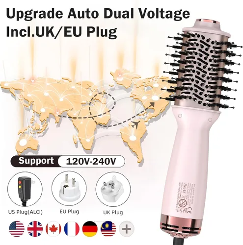 Miniatura 3 de Cepillo secador de pelo de viaje de doble voltaje, mini cepillo de aire caliente con enchufe europeo, secador de un paso y voluminizador para uso