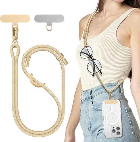 SURPHY Cordón para teléfono, correa cruzada ajustable para teléfono con 2 pestañas de amarre para teléfono celular, hebillas de metal premium, Caqui