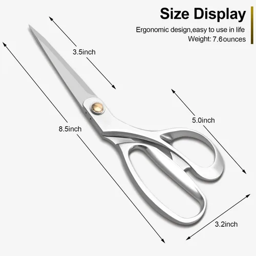 Miniatura 5 de Tijeras de tela de 8.5 pulgadas, tijeras de costura resistentes, cortadoras de sastre de costura, ultra afiladas, de acero inoxidable, para el hogar