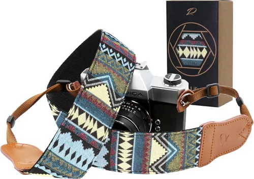 Miniatura 27 de Padwa Lifestyle Correa para cámara de flores marrones, correa de algodón de doble capa de piel de vaca de 2 pulgadas de ancho, bordado jacquard Flor