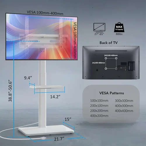 Miniatura 8 de AX WABER - Soporte de TV para piso con toma de corriente y estante, soporte universal para TV de 27 a 65 pulgadas hasta 88 libras, giro de 70
