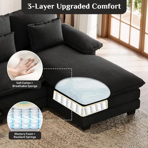 Miniatura 8 de Sofá nube en forma de U de 130 pulgadas con casa para gatos, sofá modular de gran tamaño para sala de estar, cómodo sofá grande de chenilla, juego
