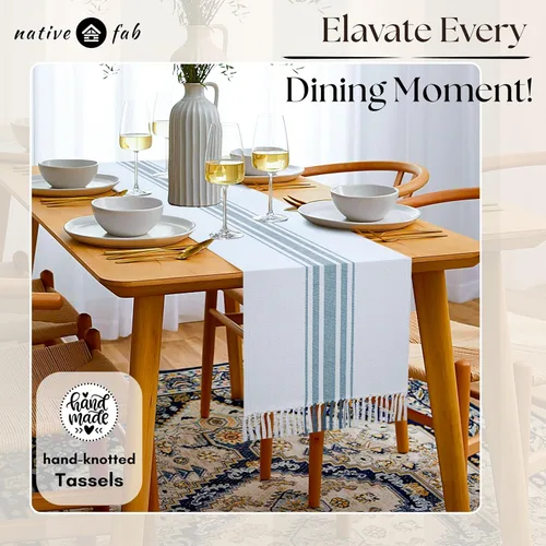 Miniatura 2 de Native Fab Camino de mesa verde azulado de 72 pulgadas de largo – Fundas de mesa bohemias a rayas con flecos – 100% algodón, tejido apretado, mantel