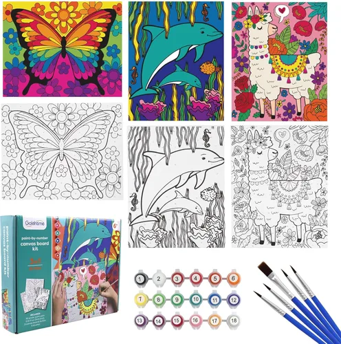 goldentime Paquete de 3 Kits de Pintura por Números para Niños, Pintura en Lienzo Predibujado, Incluye Lienzo Enmarcado de 8 x 10 Pulgadas con 18