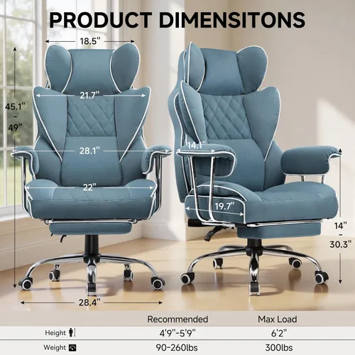Miniatura 3 de COMHOMA Silla de juegos grande y alta con soporte lumbar de resorte de bolsillo, silla de oficina ergonómica con reposapiés, silla de escritorio Azul