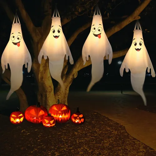 Miniatura 4 de Decoraciones de Halloween, para colgar al aire libre, calcetines de viento fantasma para árboles con temporizador, fantasmas LED para colgar