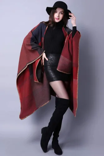 Miniatura 4 de Chal de punto para mujer, a cuadros, con parte delantera abierta, tipo poncho, tipo capa envolvente