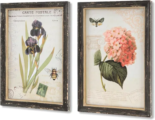 NIKKY HOME Juego de 2 arte botánico vintage para pared, de madera rústica, con marco de flores, flores, mariposas, decoración de póster para baño,