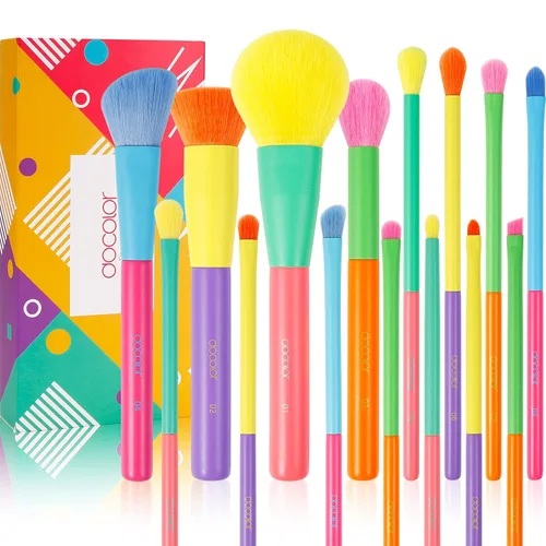 Docolor Juego de 15 brochas de maquillaje coloridas, regalo de primera calidad, polvo sintético para la cara, base Kabuki, contorno de rubor,